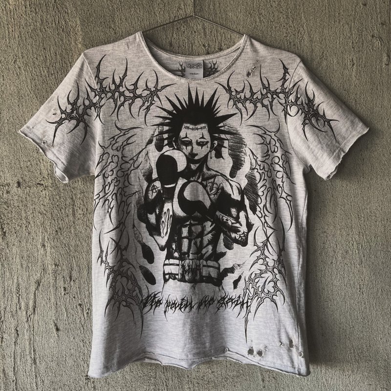 MrR龐克頭小丑妝拳擊手賽博符印主義圖騰手工破壞手繪純棉T-shirt - 男 T 恤 - 棉．麻 灰色