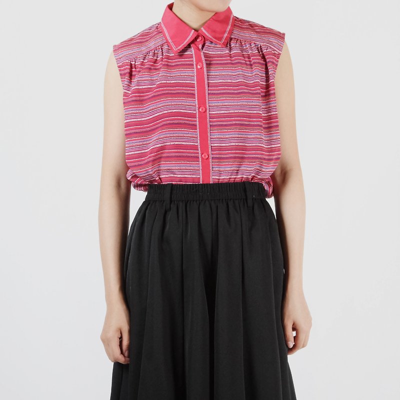 (Egg Plant Vintage) Raspberry Stripe Print Sleeveless Vintage Shirt - Women's Shirts - Polyester 