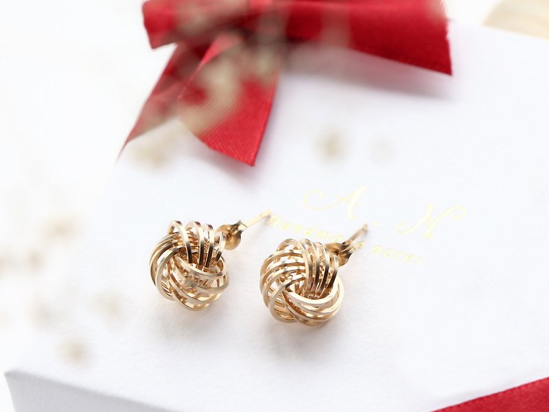 14kgf-three knot pierced earrings - 耳環/耳夾 - 寶石 金色