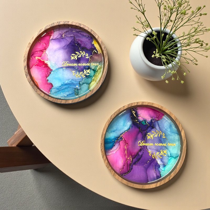 酒精墨水藝術胡桃木杯墊套裝 (D) - 杯墊 - 其他材質 多色