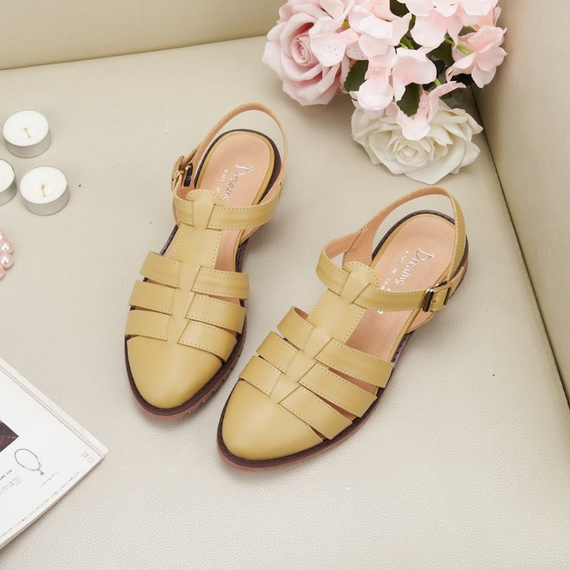 Fisherman_Fishbone braided low heel sandals lemon yellow - รองเท้ารัดส้น - หนังแท้ สีเหลือง