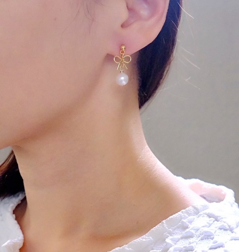 Cute ribbon and pearl earrings for adults - Hair Accessories - Pearl Gold