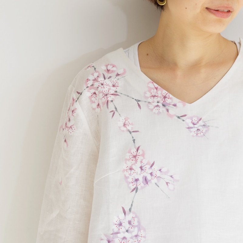 Linen/ long sleeve blouse Sakura - เสื้อเชิ้ตผู้หญิง - ผ้าฝ้าย/ผ้าลินิน ขาว