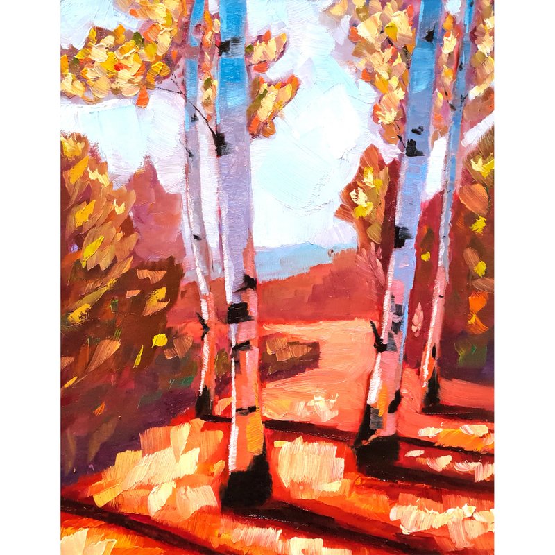 Birch Tree Painting Aspen Original Art Fall Trees Oil Painting Autumn Landscape - 海報/掛畫/掛布 - 其他材質 多色