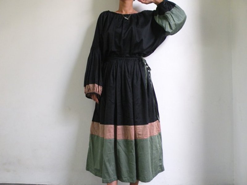 Color combination pleated skirt / green - กระโปรง - ผ้าฝ้าย/ผ้าลินิน 