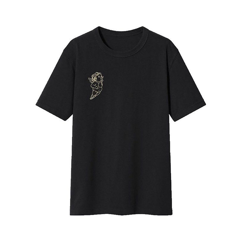 Chubby Cupid hand embroidery t shirt in black &white, S~2XL, 100% cotton tee - เสื้อยืดผู้ชาย - ผ้าฝ้าย/ผ้าลินิน สีดำ