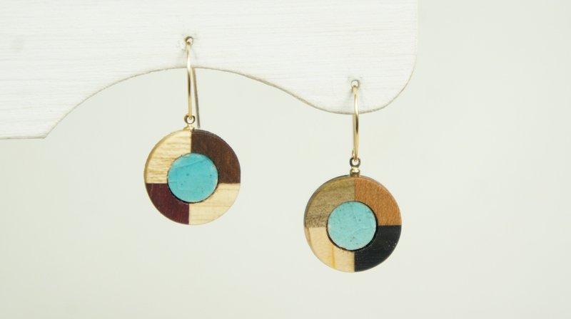 Marquetry and ceramic shard earrings, Clip-On hook type, Turkish blue - Earrings & Clip-ons - Wood Blue