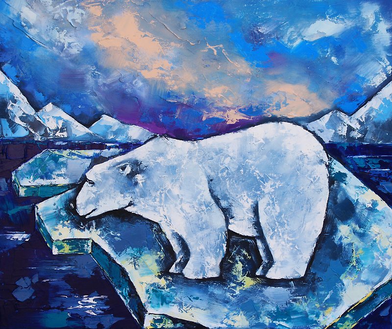 White Bear Painting Animal Original Art Polar Bear Wall Art Nursery Wall Art Oil - โปสเตอร์ - วัสดุอื่นๆ สีน้ำเงิน