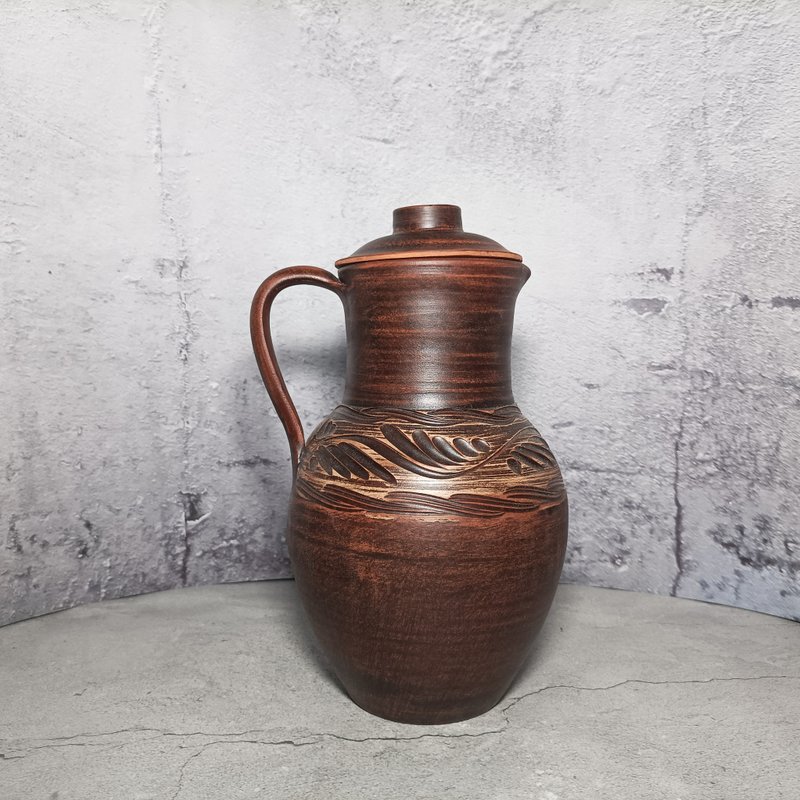 陶器大壺2500毫升手工紅粘土葡萄酒容器棕色壺帶蓋 - 水瓶/水壺 - 黏土 