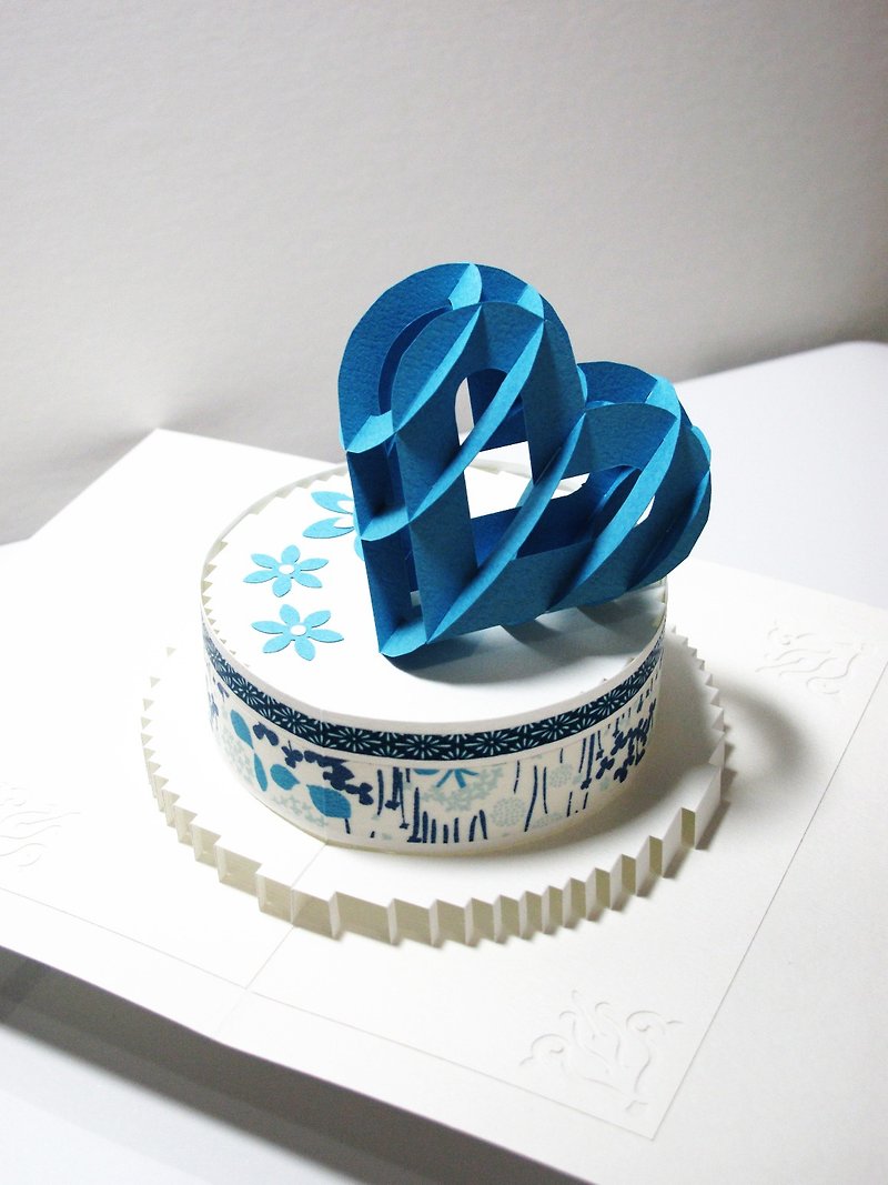Three-dimensional Paper Sculpture Valentine Card-Paper Sculpture Heart Cake-Blue - การ์ด/โปสการ์ด - กระดาษ สีน้ำเงิน