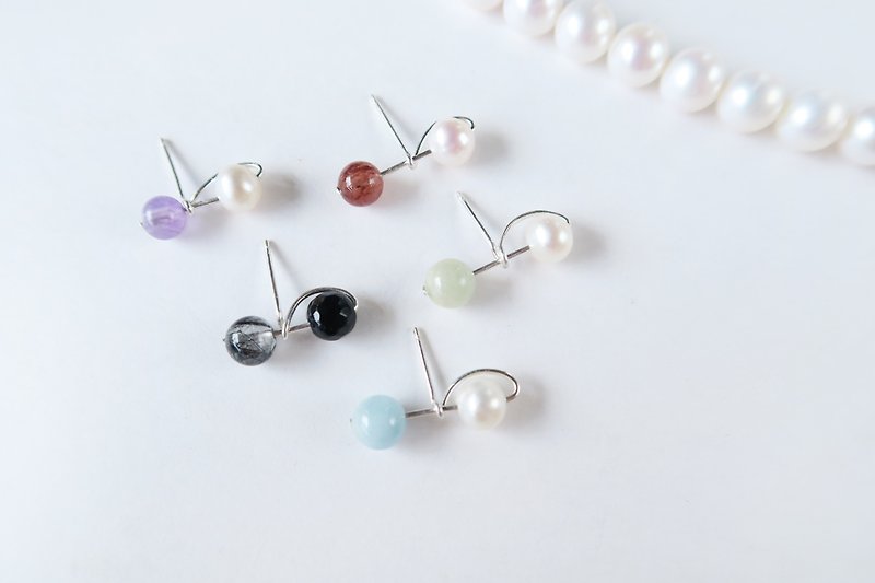 925 sterling silver asteroid freshwater pearl natural stone ore crystal agate 5-color earrings or Clip-On - ต่างหู - เงินแท้ หลากหลายสี