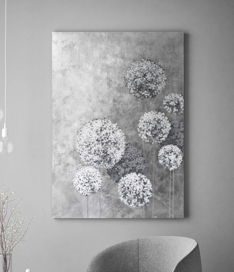 Allium Painting | Silver Flowers Painting | Silver Painting |Gray flower balls - 壁貼/牆壁裝飾 - 棉．麻 銀色
