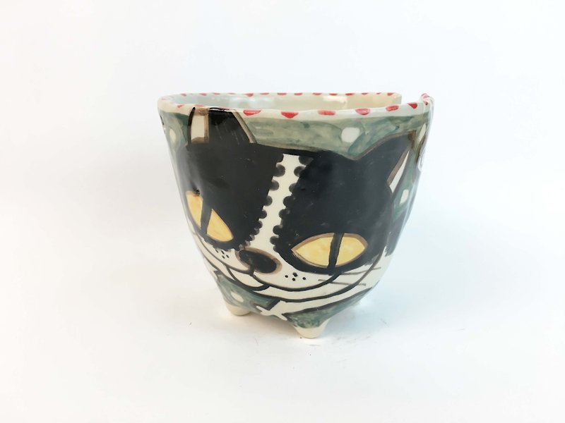 Nice Little Clay Handmade Bowl_Happy Cat 0214-04 - ถ้วยชาม - ดินเผา สีเขียว