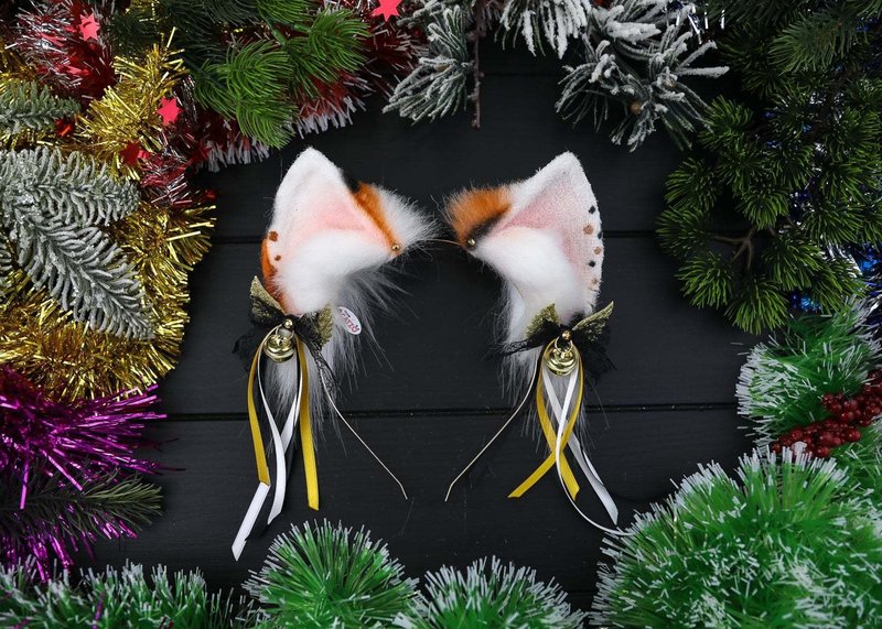 Calico Kitten Ears Faux Fur Ears - 髮夾/髮圈 - 其他人造纖維 橘色