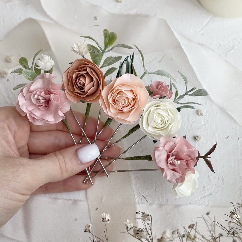 Rose hairpin Flower hair clip Bridal headwear Hair accessories 玫瑰花 髮簪 髮飾 頭飾 - เครื่องประดับผม - วัสดุอื่นๆ สึชมพู