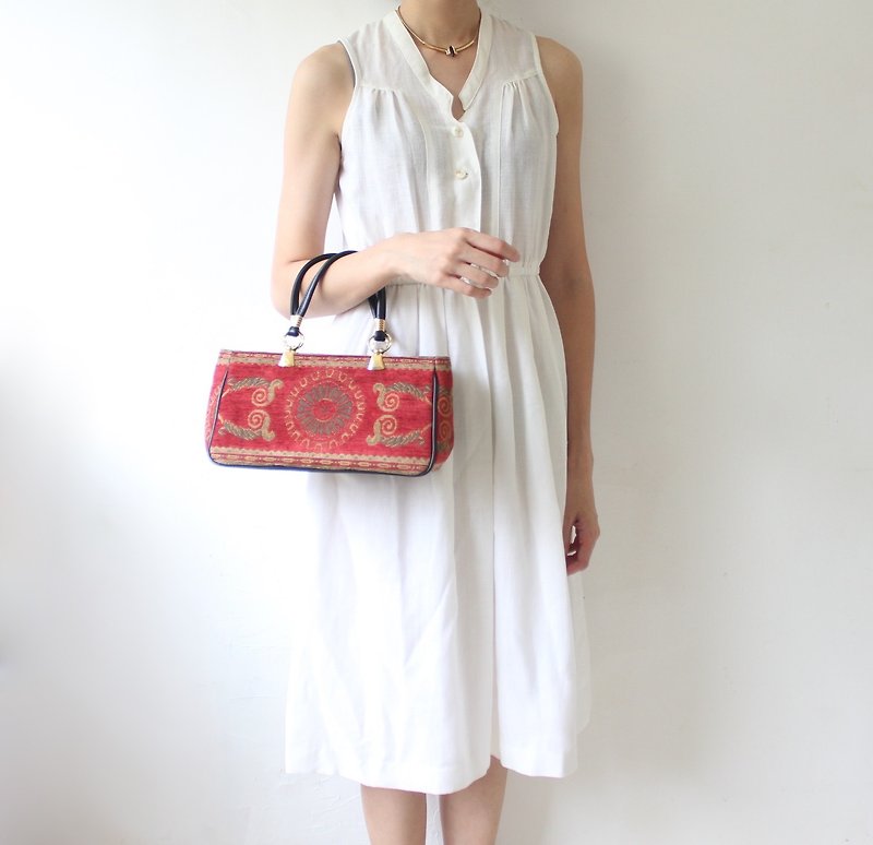 FOAK vintage / new stock / Japanese Showa positive red jacquard antique bag - กระเป๋าถือ - หนังแท้ 