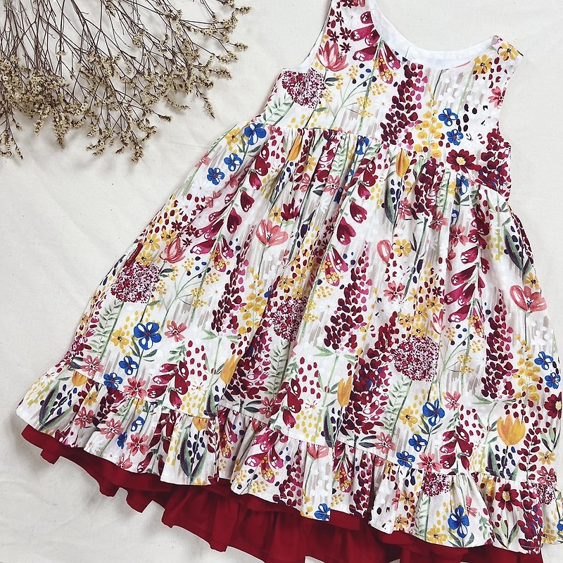 英式小禮服-荷葉版-水彩花園 - 女童洋裝/裙子 - 棉．麻 紅色