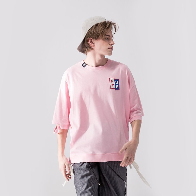 【中性款】 脇邊綁帶圓領短袖t-shirt / 粉紅色 - 男 T 恤 - 棉．麻 粉紅色