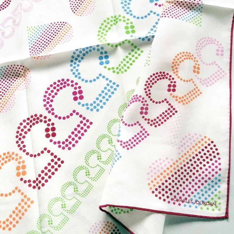 Charles Jourdan Vintage Handkerchief Color Dots Heart 23 x 23 inches - 絲巾 - 棉．麻 紅色