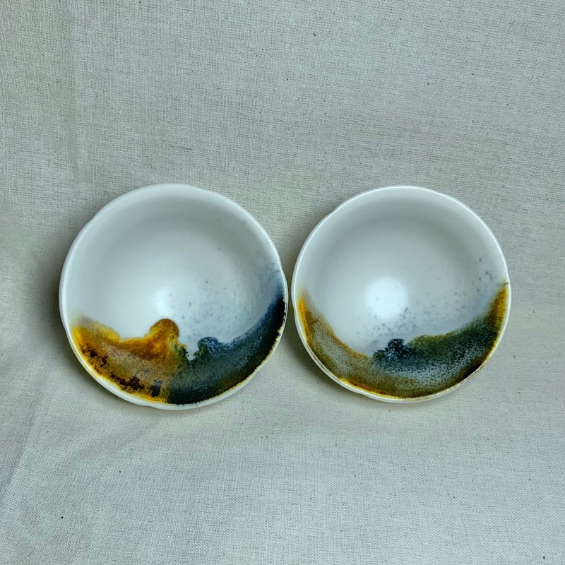 フリーハンド Ru Kiln 風景マッチングカップ ギフトボックス 80ml Qiu Yuning Yingge C2-01 - 急須・ティーカップ - 磁器 多色