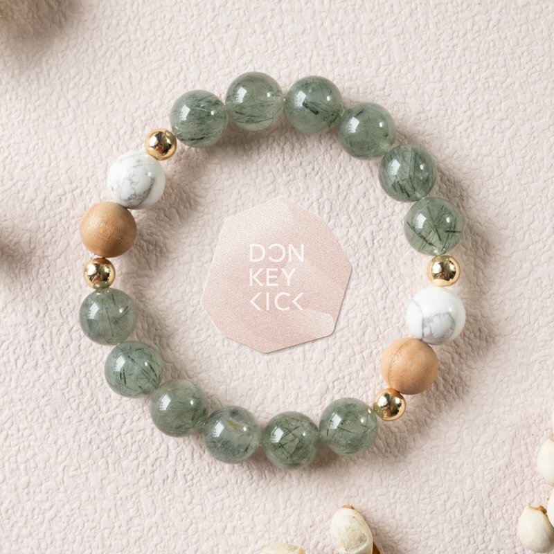 Fans30%off Green Rutilated Quartz Peach wood Howlite genuine gemstones bracelet - สร้อยข้อมือ - คริสตัล สีเขียว