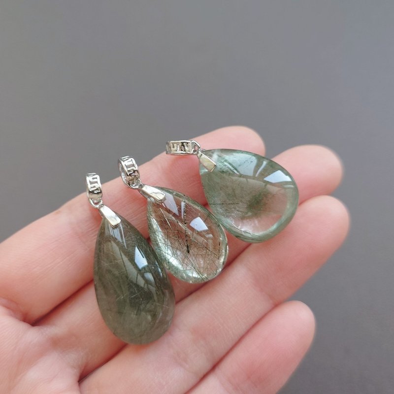 Green Rutilated Quartz Teardrop Shape Sterling Silver Pendant - Necklaces - Semi-Precious Stones Green