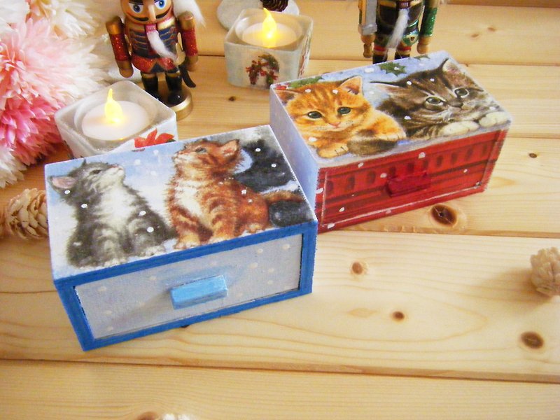 限量聖誕小貓咪收納盒/小抽屜/貓鬍鬚盒 - 居家收納/收納盒/收納用品 - 木頭 多色