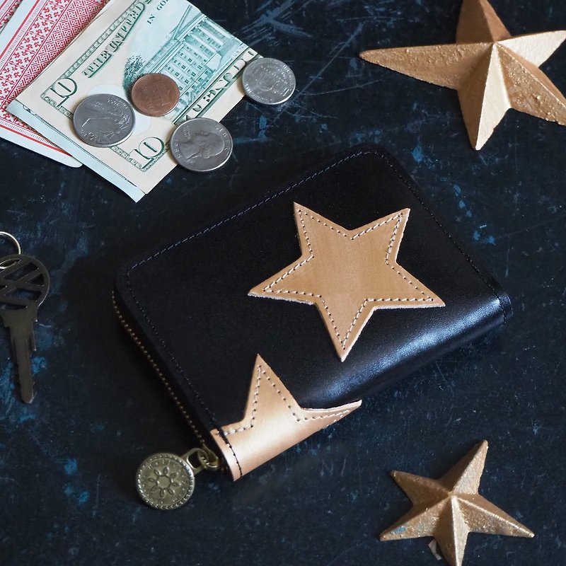 Round Zipper Compact Wallet / star-shaped patchwork - Wallets - Genuine Leather Black