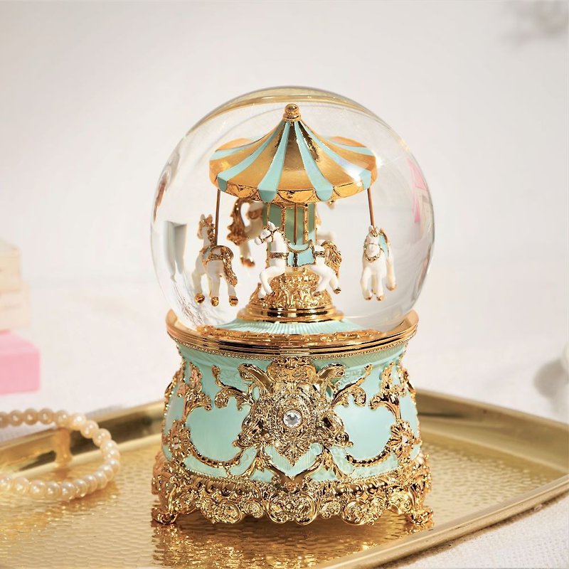 Tiffany Blue Gold Carousel Crystal Ball Music Box Birthday Valentine's Day Christmas Exchange Gift - ของวางตกแต่ง - แก้ว 