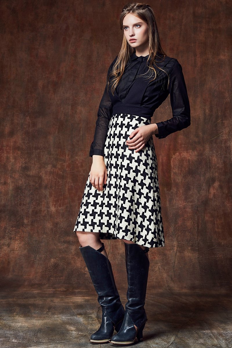 YUWEN black and white Houndstooth A word skirt suspenders - Skirts - Wool Black