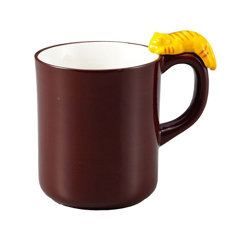 Japanese sunart mug-lazy tabby cat - แก้วมัค/แก้วกาแฟ - เครื่องลายคราม สีนำ้ตาล
