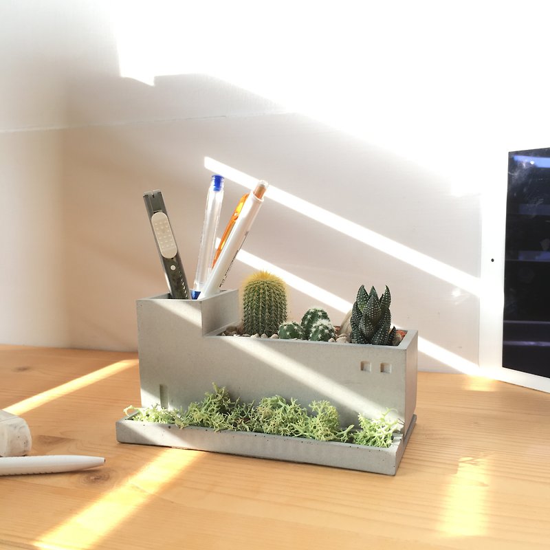 Cement greenery factory l stationery storage l mini cactus landscaping DIY pen holder indoor planting office - ตกแต่งต้นไม้ - ปูน สีเทา