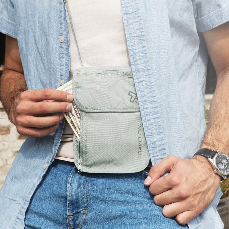 【TRAVELON】Anti-Theft Essentials Neck Pouch (Grey) | RFID Blocking, Slash-Proof, Anti-Robbery Crossbody Bag - Messenger Bags & Sling Bags - Polyester Gray
