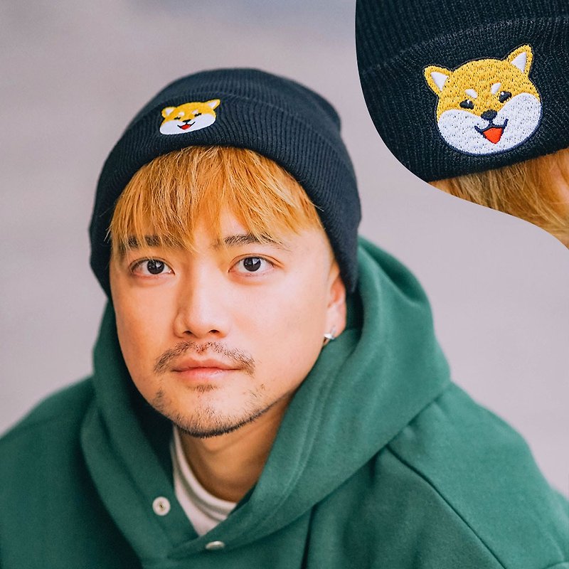Canned food original Shiba Inu smiling face cold hat woolen knitted hat autumn and winter new big head Wai leisure shopping couple - Hats & Caps - Other Materials Black