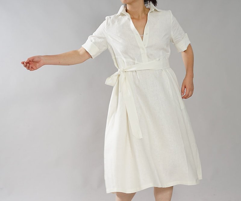wafu - 純亞麻洋裝 Midweight Linen Half Sleeve Shirt Dress / White a064b-wht2 - ชุดเดรส - ลินิน ขาว