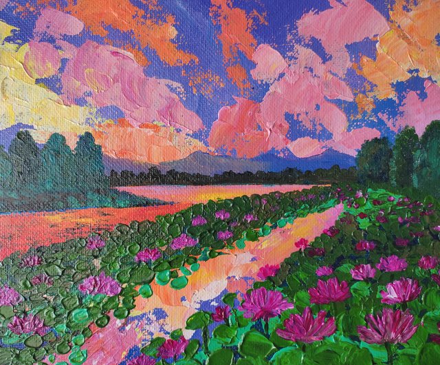 〈額装済み原画〉ピンクの花々／アクリル画　手描き　インテリア　アート 額装済み原画〉ピンクの花々／アクリル画手描きインテリアアート