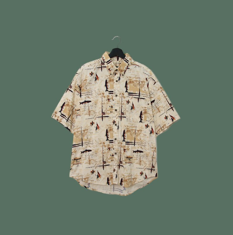 Back to Green- 魚圖騰短袖襯衫 斑駁明信片 魚鉤 vintage shirt - 男襯衫/休閒襯衫 - 棉．麻 