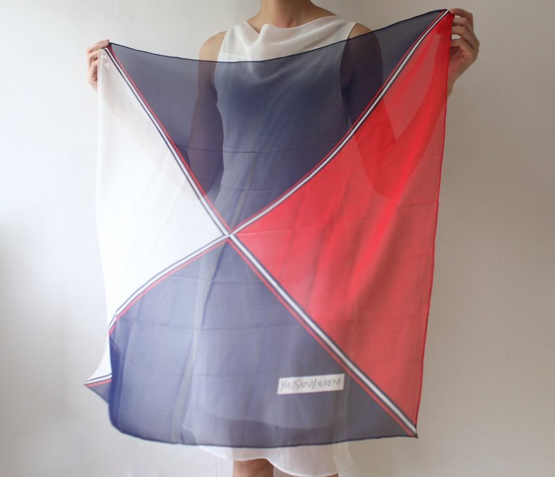 FOAK vintage YSL red white and blue antique pure silk scarf - ผ้าพันคอ - ผ้าไหม 