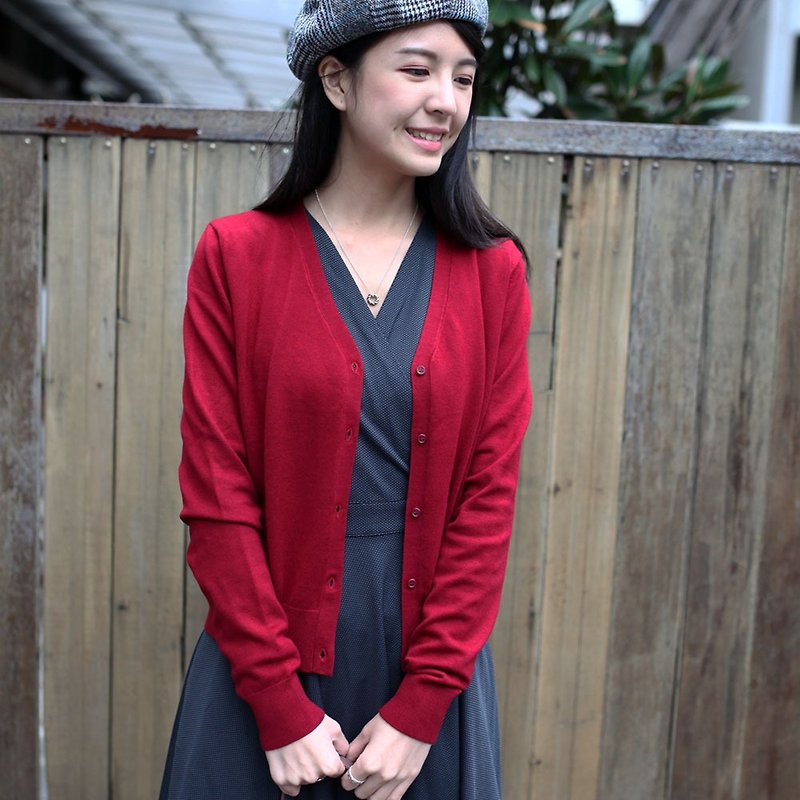 GT wine short knit jacket - เสื้อแจ็คเก็ต - ผ้าฝ้าย/ผ้าลินิน สีแดง