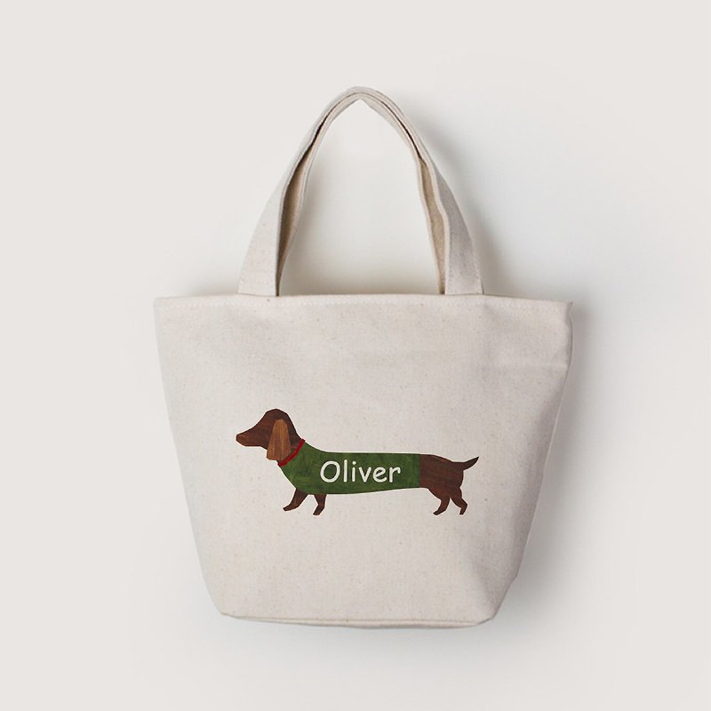 [Illustration] Dachshund Dog - Customized Name | Zipper/Small Plus/Long Strap Small Tote - Handbags & Totes - Cotton & Hemp White