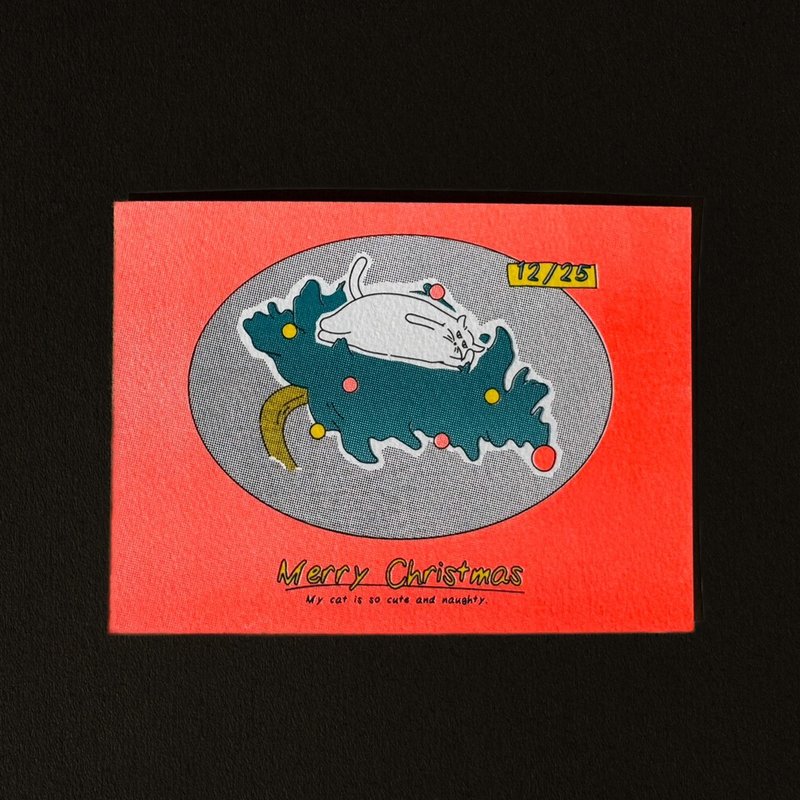 孔版印刷 | 我的貓真調皮 | 聖誕卡片 - 卡片/明信片 - 紙 紅色