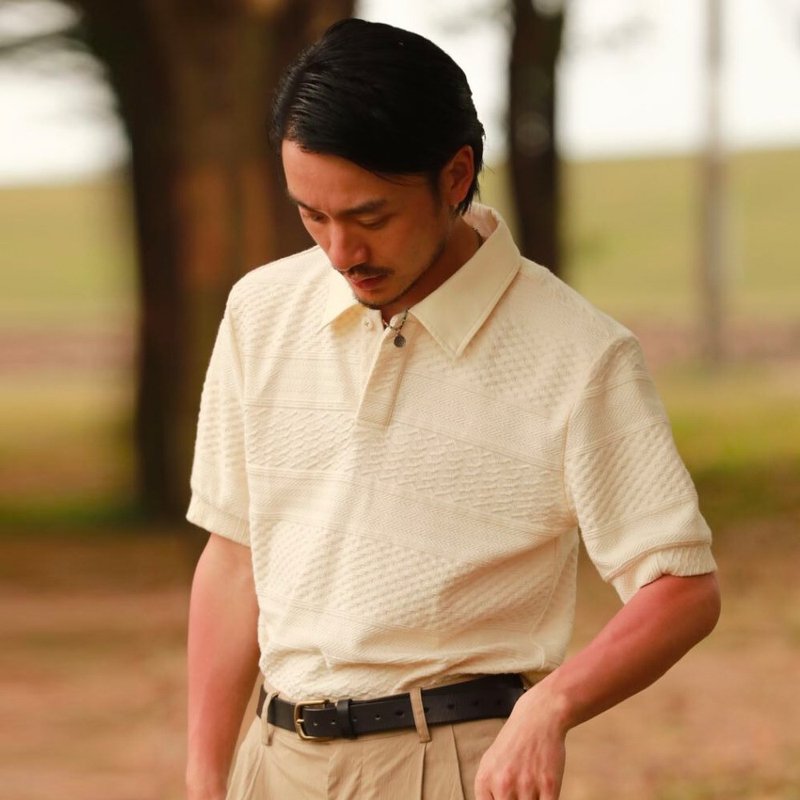 SOARIN pure cotton knitted three-dimensional plaid casual POLO shirt (222P605) - เสื้อยืดผู้ชาย - ผ้าฝ้าย/ผ้าลินิน ขาว