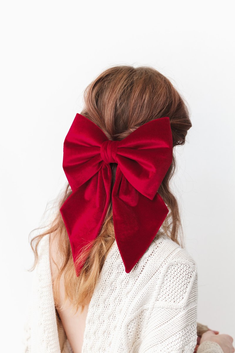 Big red velvet hair bow clip for women. Handmade hair bows for christmas wedding - Hair Accessories - Other Materials Red