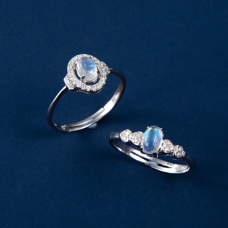 Moonstone 925 Sterling Silver Zircon Ring, Natural Gemstone, Adjustable Size - แหวนทั่วไป - เครื่องเพชรพลอย สีน้ำเงิน