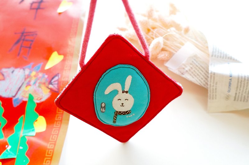 Hand-painted Happy Bunny Happy New Year cloth red envelopes - lanyards according to the existing rope production - ถุงอั่งเปา/ตุ้ยเลี้ยง - ผ้าฝ้าย/ผ้าลินิน สีแดง