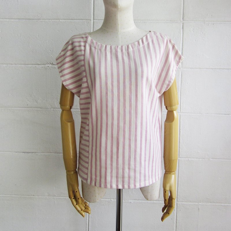 Striped Short Sleeve Blouses Botanical Dyed Cotton Pink Color - 女裝 上衣 - 棉．麻 粉紅色