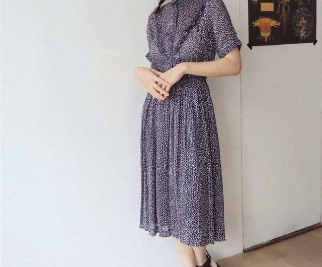 日本製昭和レトロ仕立て水玉紺シフォン半袖ヴィンテージ