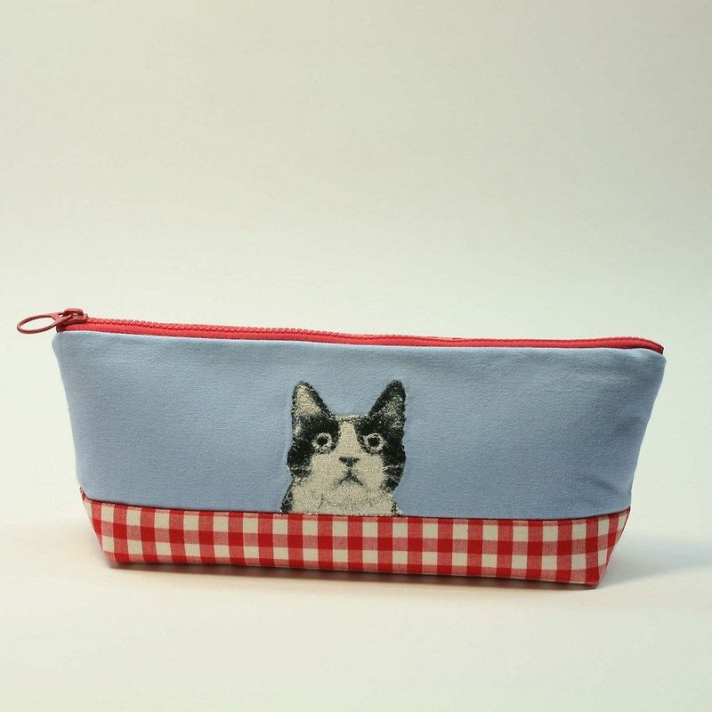 刺繡ペンバッグ15-黒と白の猫 - ペンケース・筆箱 - コットン・麻 ブルー