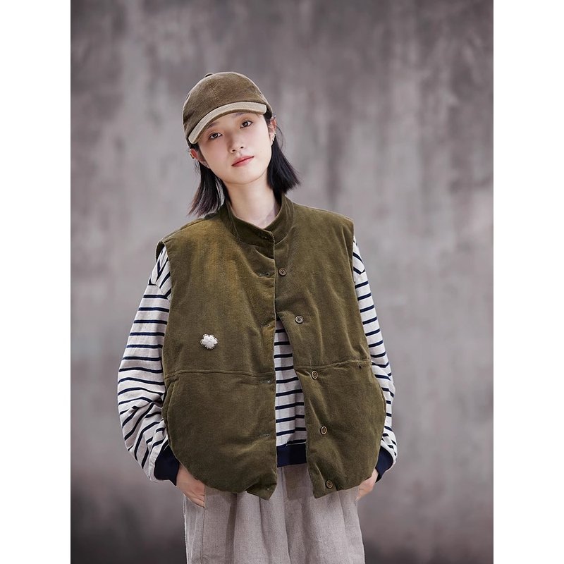 Moss green corduroy stand collar cardigan with large white duck down vest - Women's Tops - Cotton & Hemp 