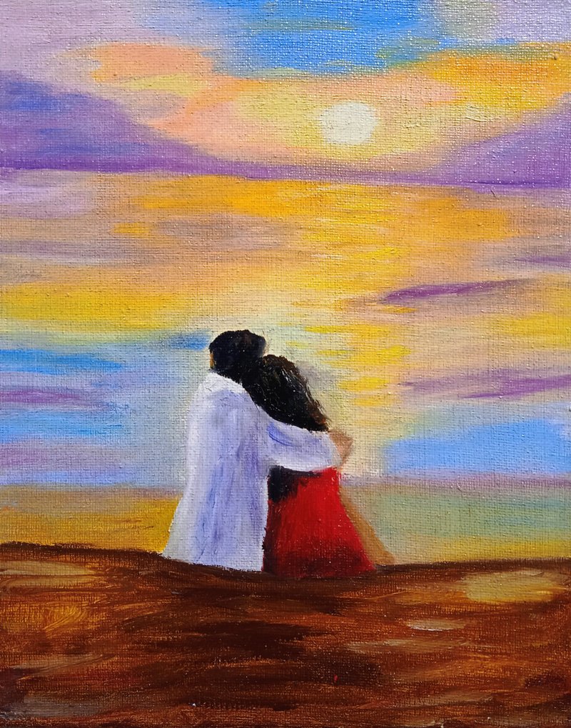 与恋人在海边的夕阳在海上浪漫的绘画 - 壁貼/牆壁裝飾 - 其他材質 多色
